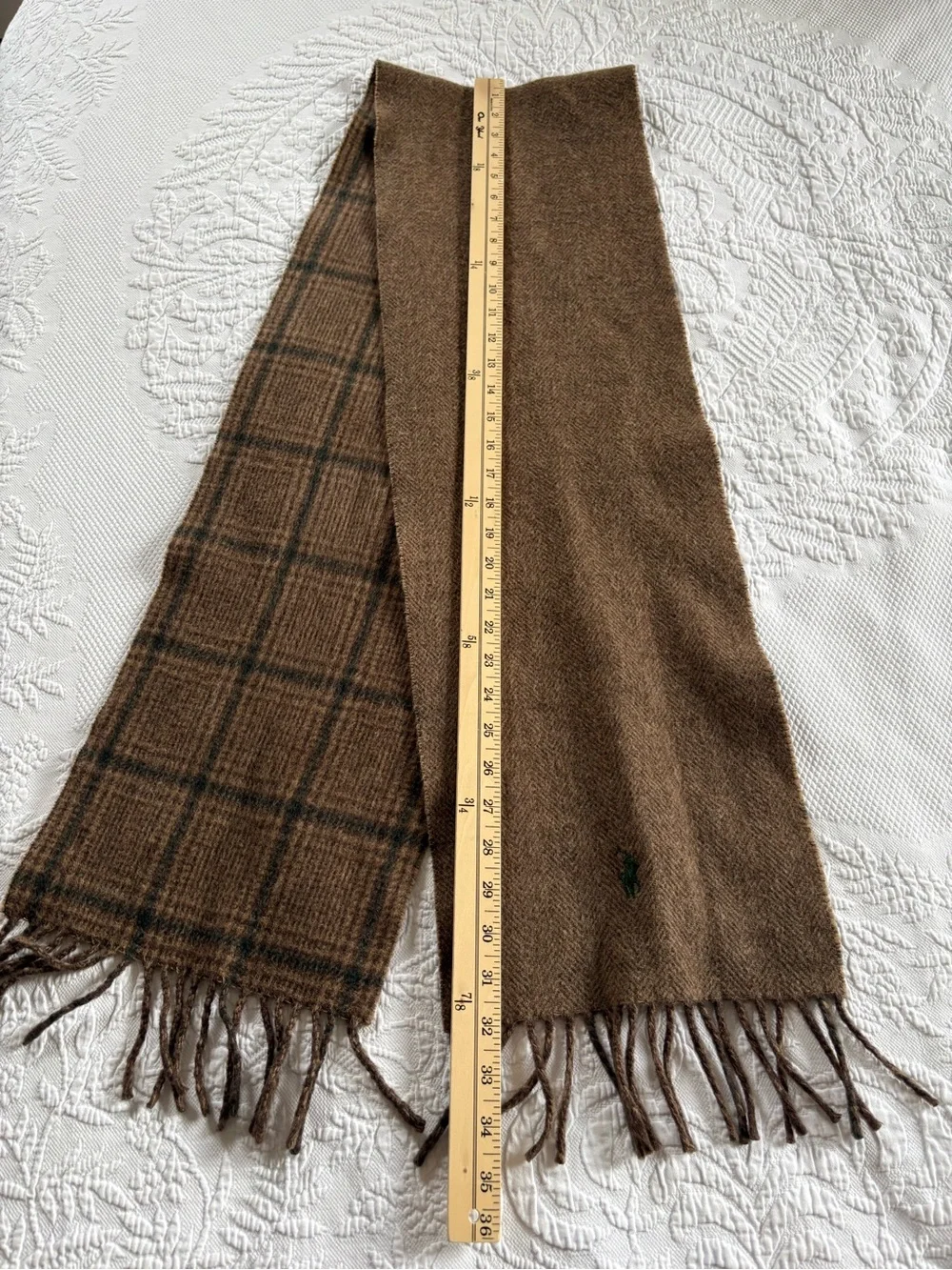 Polo Ralph Lauren lambswool wool plaid reversible scarf unisex fringe brown